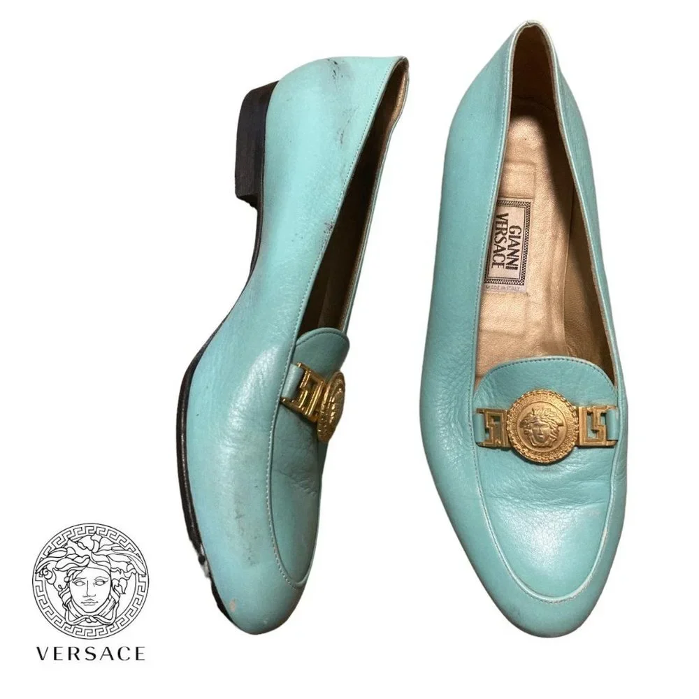 gianni versace medusa medallion teal aquamarine penny loafers preppy flats 37 - Picture 2 of 4